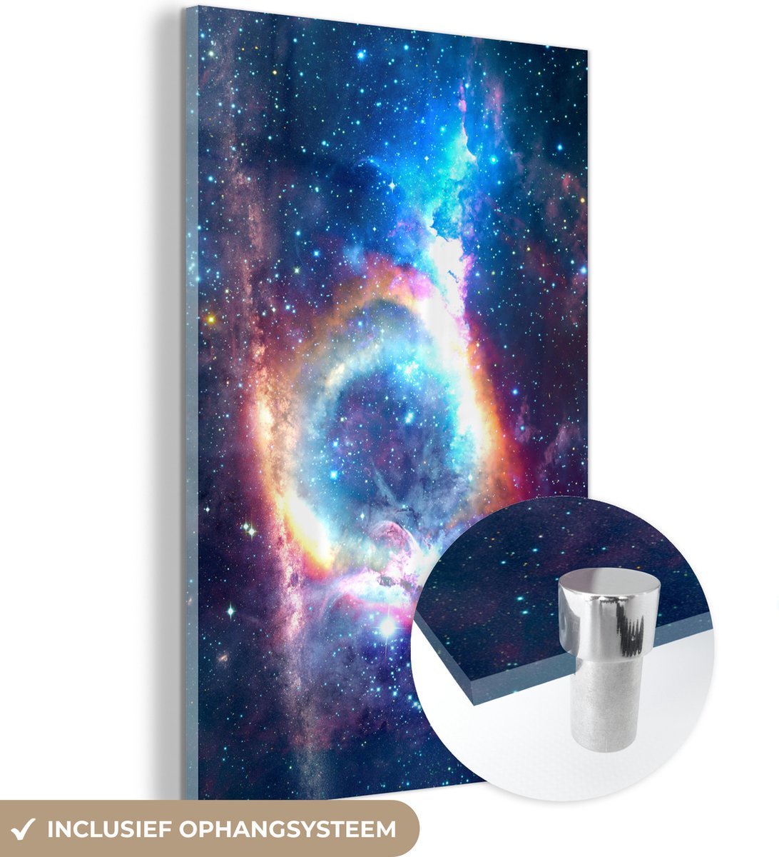 MuchoWow® Glasschilderij 100x150 cm - Schilderij acrylglas - Ruimte - Sterren - Regenboog - Foto op glas - Schilderijen
