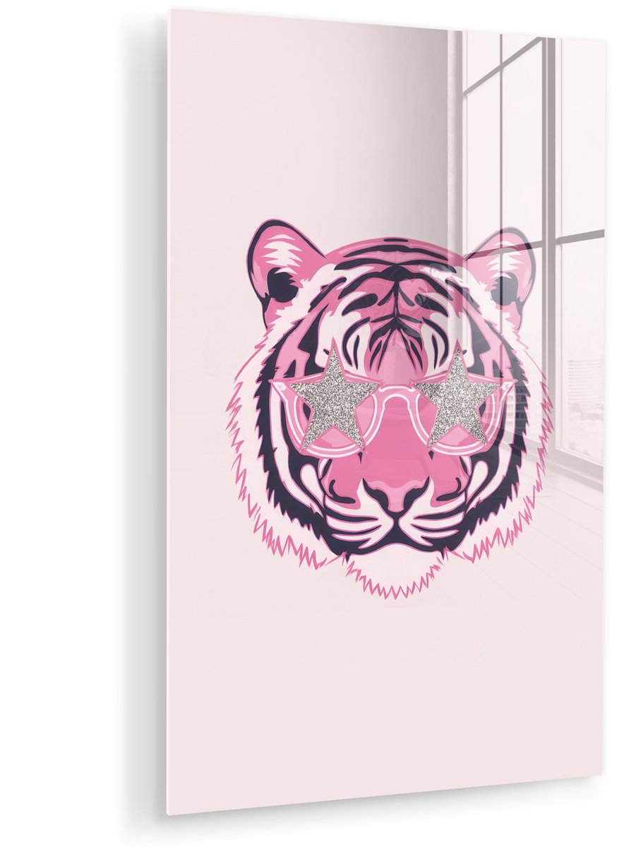 MuchoWow® Glasschilderij 100x150 cm - Schilderij acrylglas - Tijger - Glitterzonnebril - Roze - Foto op glas - Muurdecoratie woonkamer - Wanddecoratie slaapkamer - Schilderijen