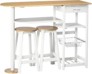 NordHaus Bartafelset - Keukenbar Set - Hoge Eettafel met Krukken - Geïntegreerde Opbergruimte - Wit 119 x 38,5 x 88,5 cm