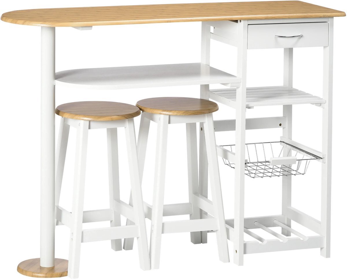 NordHaus Bartafelset - Keukenbar Set - Hoge Eettafel met Krukken - Geïntegreerde Opbergruimte - Wit 119 x 38,5 x 88,5 cm