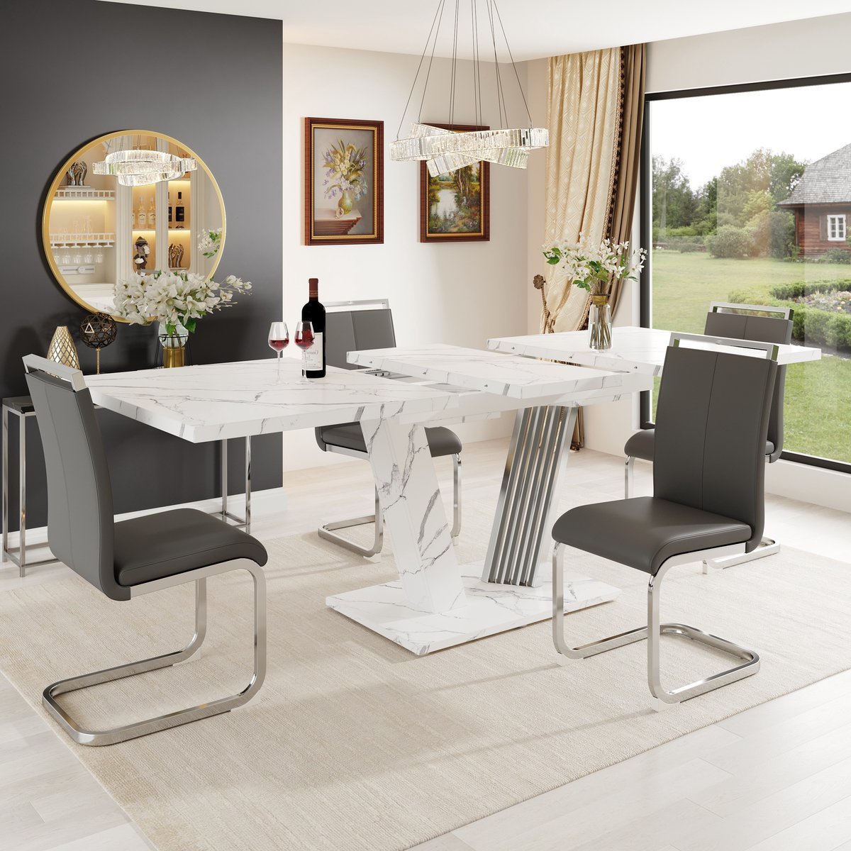 OKWISH Eettafelset 5 Delig - Uitschuifbare Eettafel 120 Tot 160 Cm - 4 Stoelen Met Kunstleer - Voor 4 Tot 6 Personen - MDF Wit