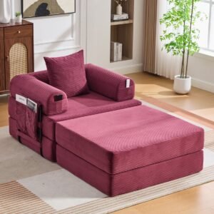 OKWISH Fauteuil Met Hocker 112 X 190 X 67 Cm - Ergonomisch En Modulair Met Zijvak En Kussen - Ribstof - Wijnrood