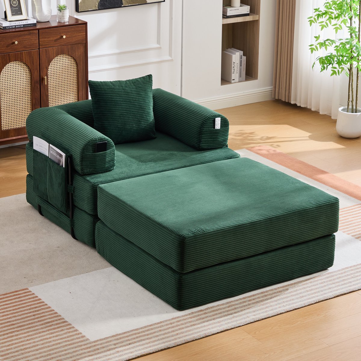 OKWISH Fauteuil Met Hocker 112 x 190 x 67 cm - Ergonomisch en Vrij Combineerbaar - Woonkamer - Corduroy - Smaragdgroen