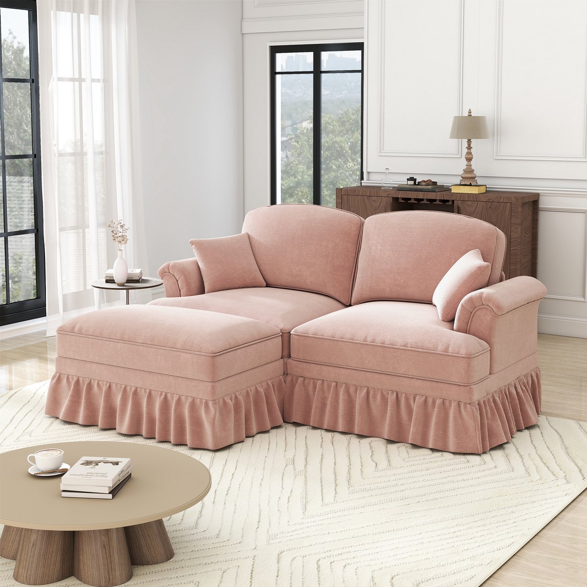 OKWISH Hoekbank 2-Zits Met Hocker - Modulair, 2 Looks Met Afneembare Rok - Diepe Zit, Zachte Chenille - Woonkamer - Roze
