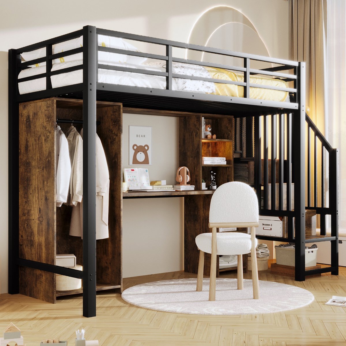 OKWISH Hoogslaper 90x200cm - Met Kledingkast En Bureau - Opbergtreden Met Vakken - Metalen Frame En MDF - Zonder matras - Zwart