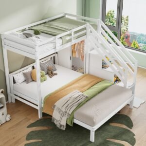 OKWISH Stapelbed 90x200cm En 140x200cm - Met Kledingkast En Opbergtrap - Met Lattenbodem - Veel Opbergruimte - Kinderkamer - Massief Hout En MDF - Wit - Zonder matras