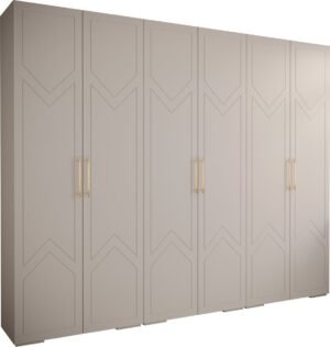 Opbergkast Kledingkast met 6 draaideuren Garderobekast slaapkamerkast Kledingstang met planken | Gouden Handgrepen, elegante kledingkast, glamoureuze stijl (LxHxP): 300x237x47 cm - GEMINI 8 (Wit, 300 cm)