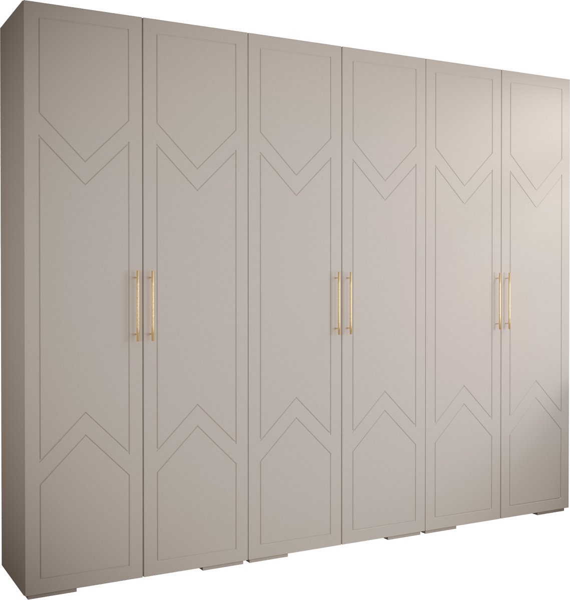 Opbergkast Kledingkast met 6 draaideuren Garderobekast slaapkamerkast Kledingstang met planken | Gouden Handgrepen, elegante kledingkast, glamoureuze stijl (LxHxP): 300x237x47 cm - GEMINI 8 (Wit, 300 cm)