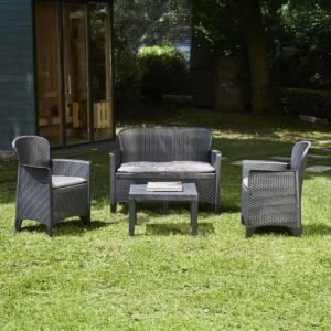 Ostuni Luxe Rattan Tuinset 3-delig met 2 Stoelen, 1 2-zits Bank en Salontafel met Kussens - Weerbestendig Polypropyleen - Antraciet