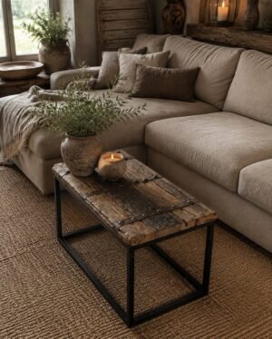 Oud houten salontafel oude deur met metalen onderstel 100x50x50 cm