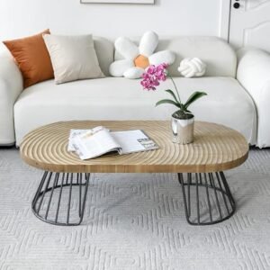 Ovale houten salontafel met metalen frame - Lichte bruin, 120 x 60 x 40 cm