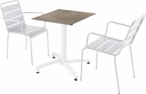 Oviala - Set tuintafel met beige marmeren laminaat en 2 witte fauteuils - Opéra