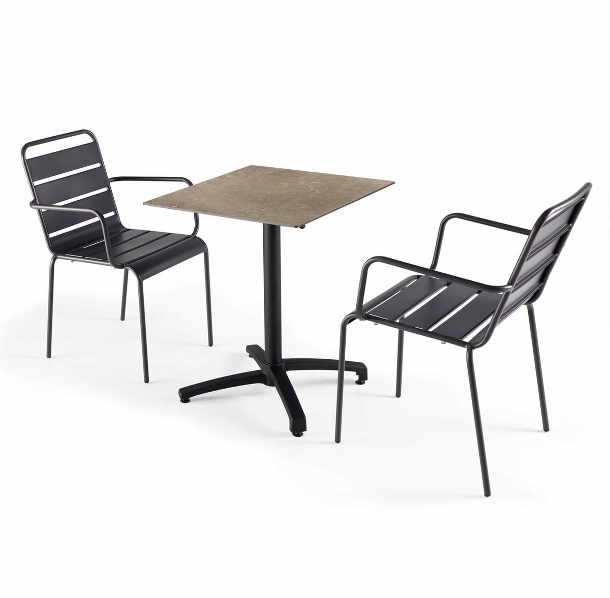 Oviala - Set van een gelamineerde tuin tafel en 2 grijze fauteuils - Opéra