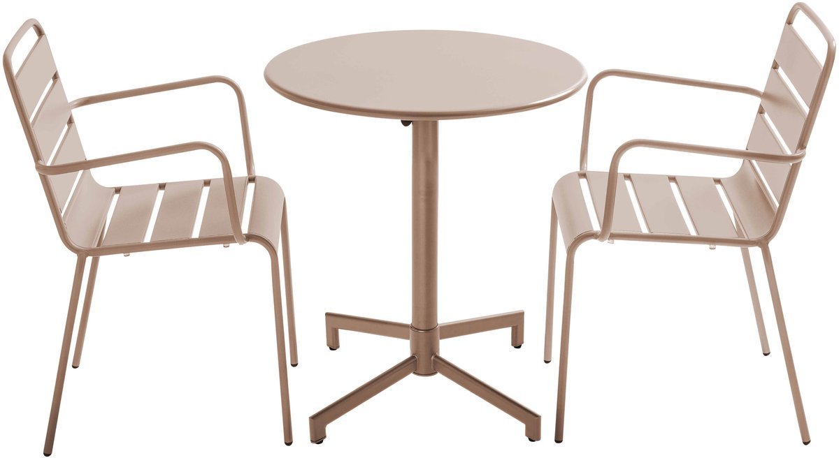 Oviala - Tuintafel en 2 fauteuils in taupe metaal - Palavas