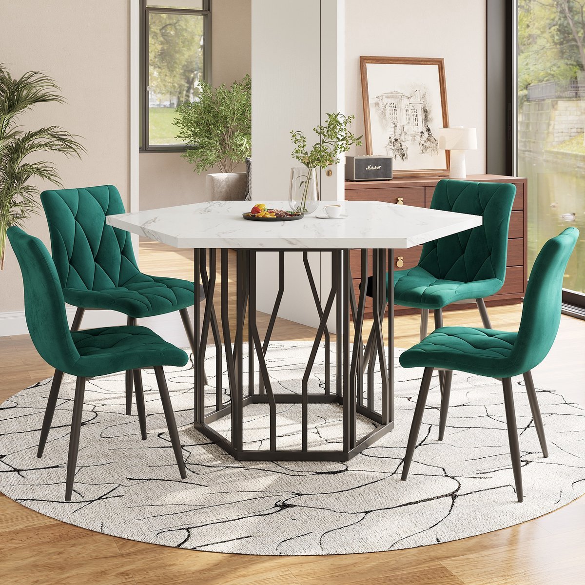 PHOEBE CAT Eettafel en stoelen set - Zeshoekige eettafel - Marmerlook - 4 velvet stoel - Wit + Groen + Zwart