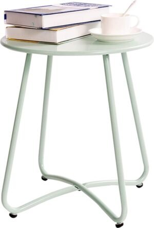 Patio Bijzettafel, Ronde Tuintafel, Kleine Bijzettafel, Salontafel Metalen tafel voor Balkon Buiten Woonkamer Tuin Terras, Blauwgroen