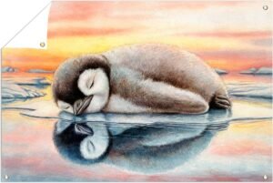 Pinguïn bij zonsondergang - buiten decoratie - Tuinposter - 90x60 cm