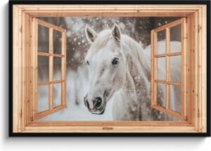 Poster in lijst - Fotolijst 120x80 cm - Posters - Doorkijk - Paard - Wit - Winter - Sneeuw - Dieren - Posterlijst zwart - Decoratie - Wanddecoratie woonkamer - Muurdecoratie slaapkamer