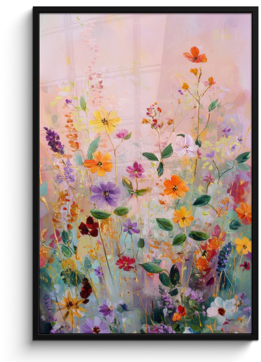 Poster in lijst - Fotolijst 80x120 cm - Posters - Schilderij - Bloemen - Abstract - Kleurrijk - Posterlijst zwart - Decoratie - Wanddecoratie woonkamer - Muurdecoratie slaapkamer