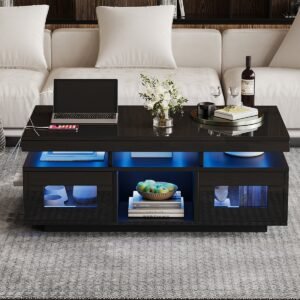 Pugsdrly 100 × 50 × 43 cm Glanzend zwarte salontafel, met LED-lampen die via een mobiele app kunnen worden bediend, salontafel met kast, salontafel met oplaadpunt en stopcontact, geschikt voor op kantoor of in de werkkamer