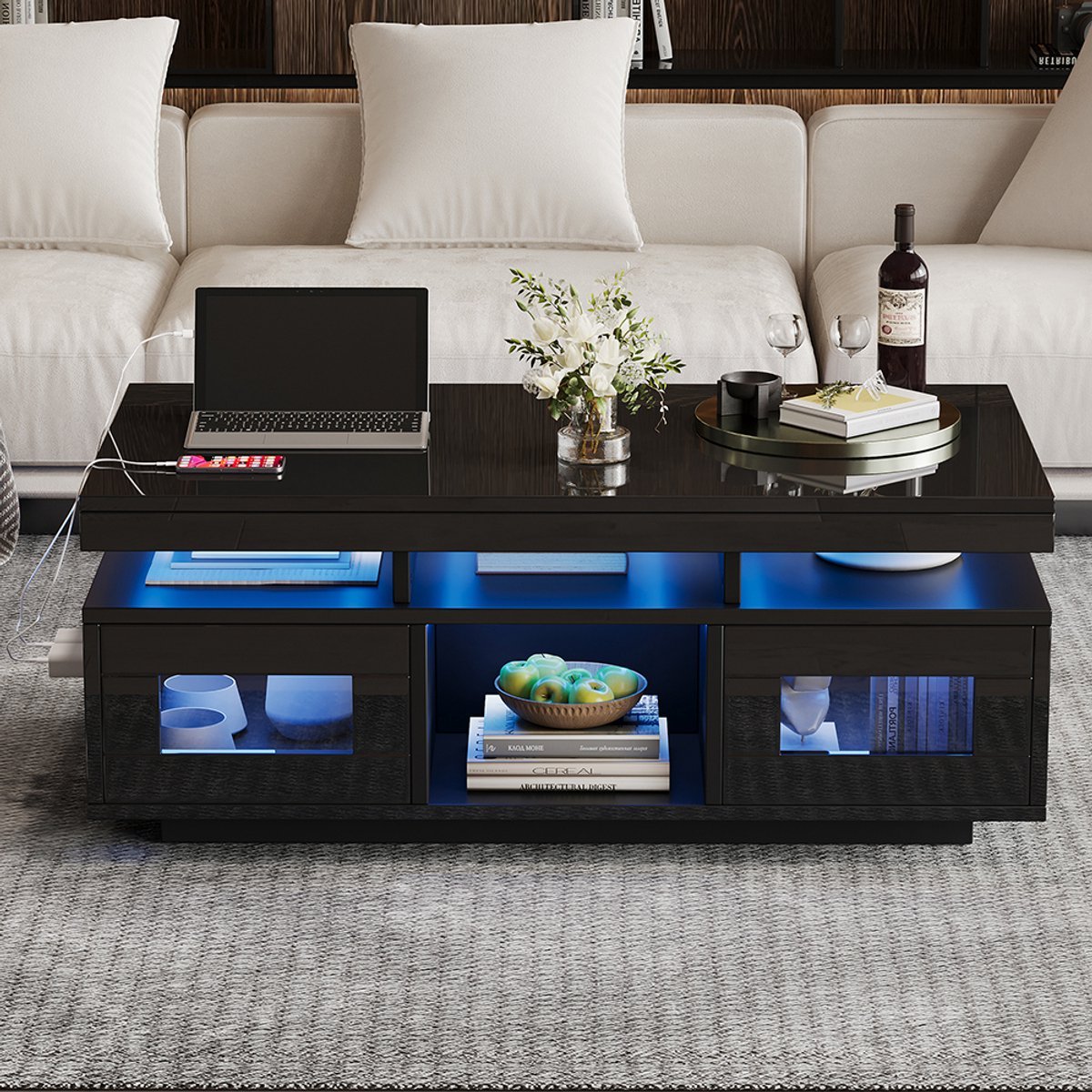 Pugsdrly 100 × 50 × 43 cm Glanzend zwarte salontafel, met LED-lampen die via een mobiele app kunnen worden bediend, salontafel met kast, salontafel met oplaadpunt en stopcontact, geschikt voor op kantoor of in de werkkamer