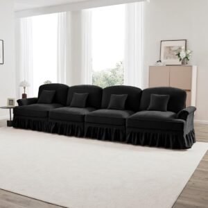 Pugsdrly Grote, elegante 4-zitsbank in mid-century stijl van chenille met trechtervormige armleuningen, afneembare rok met ruches en taps toelopende poten - Comfortabele bank voor de woonkamer, zwart