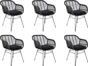 QUVIO Fauteuil tuinstoel Jade - Eetkamerstoelen - Eetkamerstoel - Zwarte tuinstoel - Met kussen - Staal - PE rattan - Zwart - Set van 6