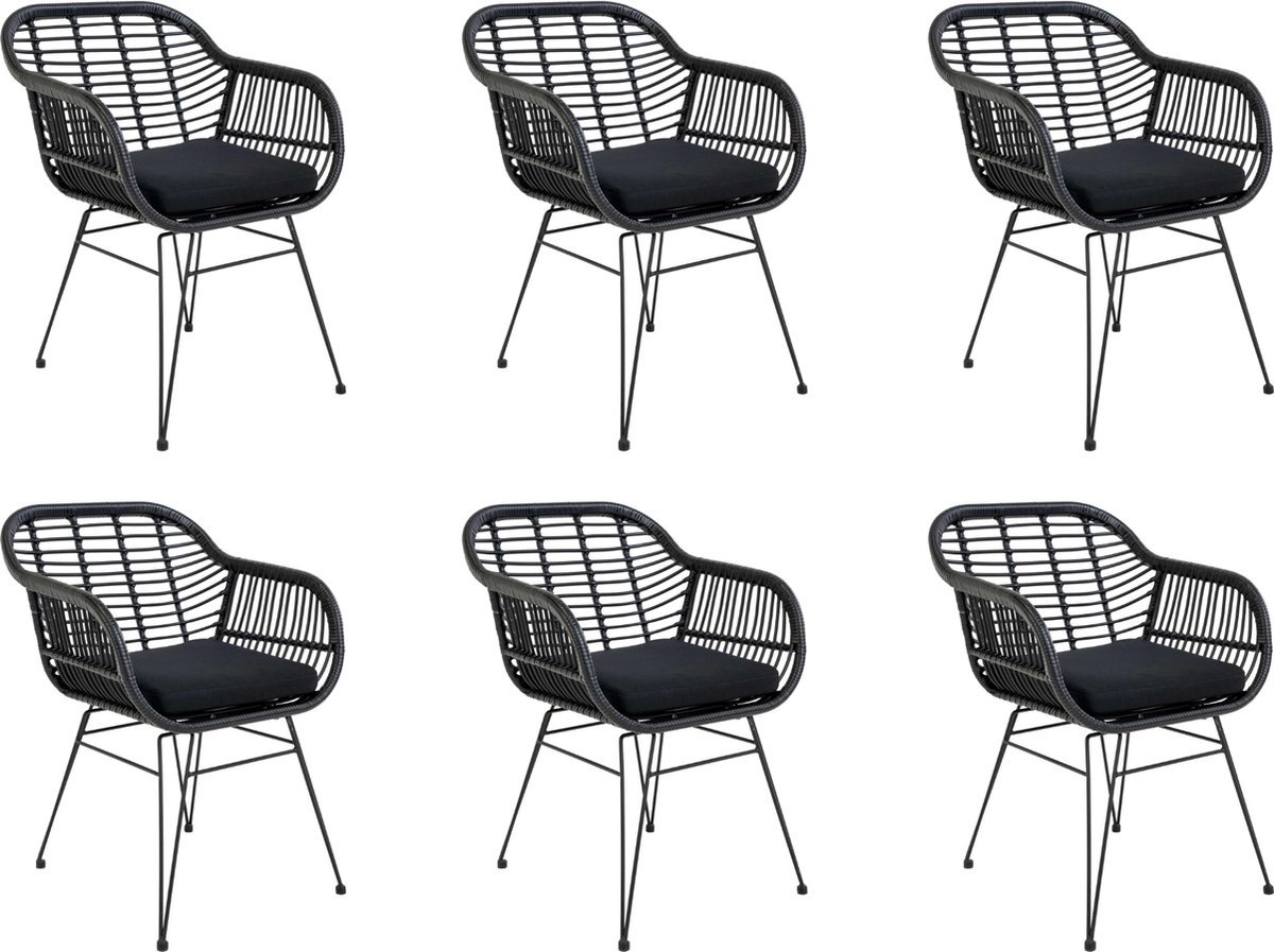 QUVIO Fauteuil tuinstoel Jade - Eetkamerstoelen - Eetkamerstoel - Zwarte tuinstoel - Met kussen - Staal - PE rattan - Zwart - Set van 6