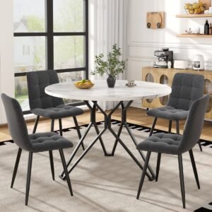 REDOM - 5-Delige Eettafelset - Ronde Eettafel Met 4 Stoelen - Modern - Voor Keuken Of Eetkamer - MDF Met Marmerlook - Grijs/Zwart - 100 Cm