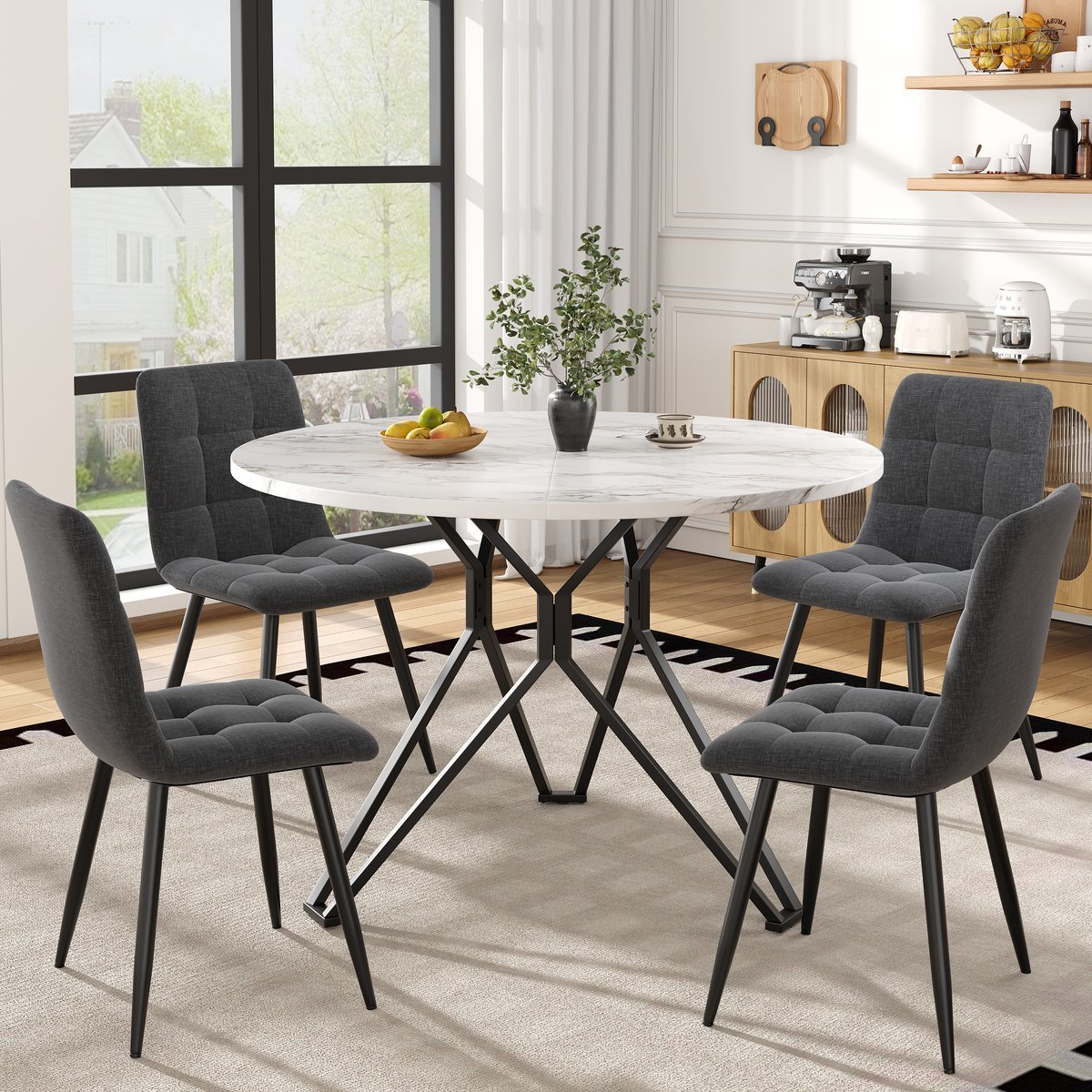 REDOM - 5-Delige Eettafelset - Ronde Eettafel Met 4 Stoelen - Modern - Voor Keuken Of Eetkamer - MDF Met Marmerlook - Grijs/Zwart - 100 Cm