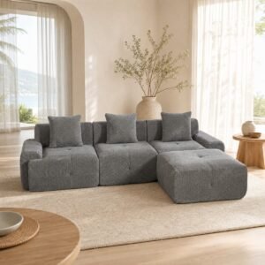 REDOM - Hoekbank - Modulair ontwerp - Vacuümgecomprimeerde zitting - Direct klaar voor gebruik - Woonkamer - Chenille stof - Grijs - 266 x 176 x 75 cm