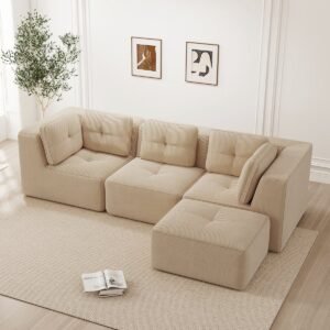 REDOM Modulaire 3-Zits Hoekbank - Zonder Montage - Ribfluweel Bekleding - Beige - 297 x 177 x 69 cm