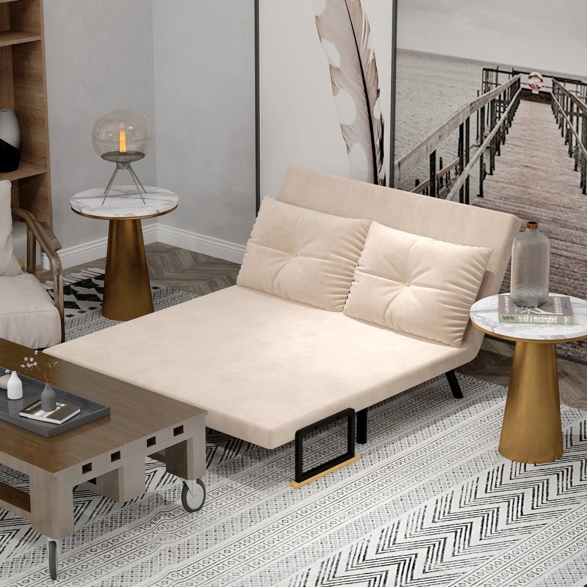 REDOM - Slaapfauteuil - Verstelbare Rugleuning En Uitklapbare Bedfunctie - Polyester - Beige - 102 X 73 X 81 Cm
