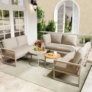 REDOM Tuinlounge Set - Hoekbank Met 2 Salontafels - Verzinkt Metalen Frame - Verstelbare Poten - Inclusief Zit- En Rugkussens - Beige