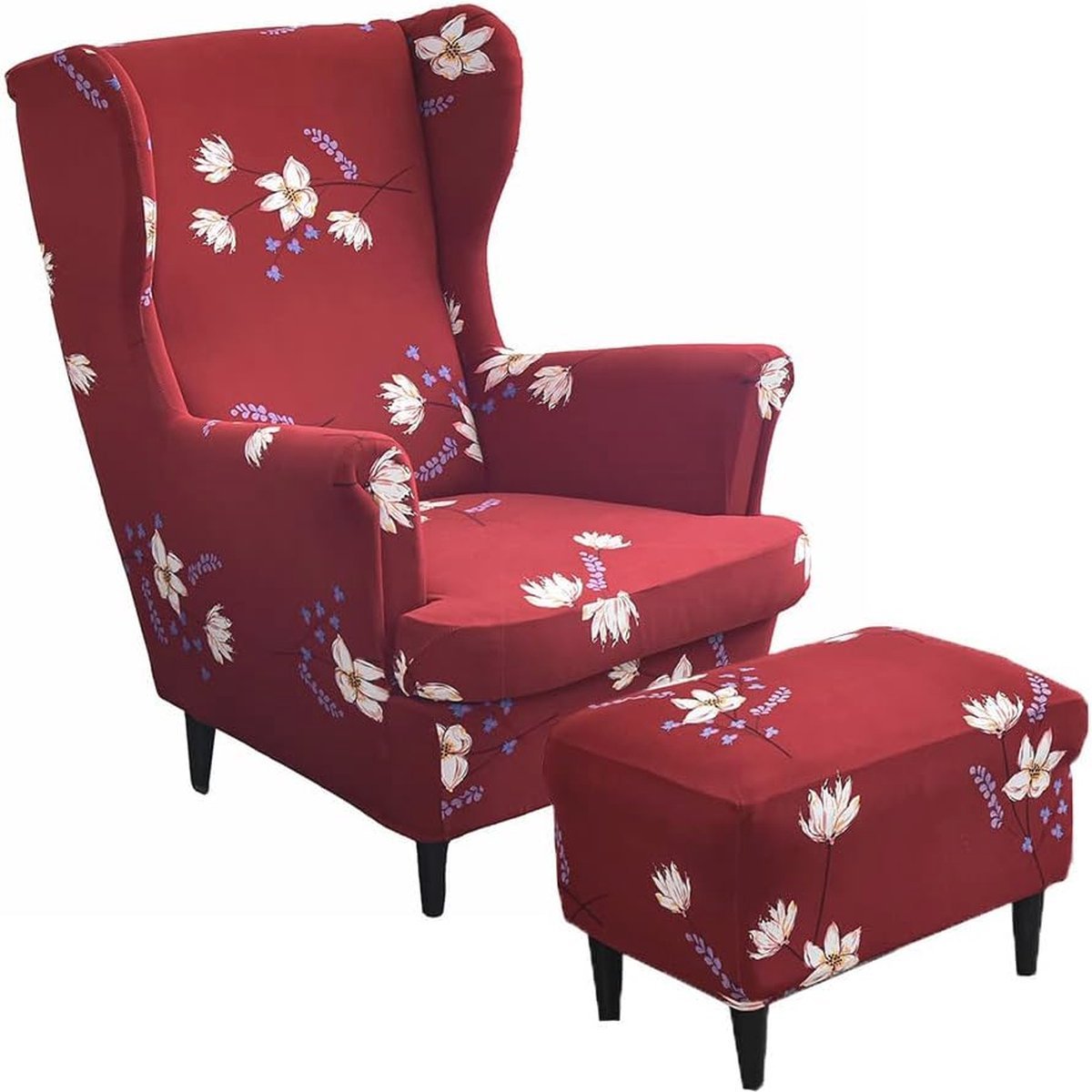 Rekbare Vleugelstoelhoezen 2-delig - Wasbare Meubelbeschermer voor Fauteuil en Poef - Ademend en Slijtvast - Perfect voor Woonkamer, Slaapkamer en Hotel