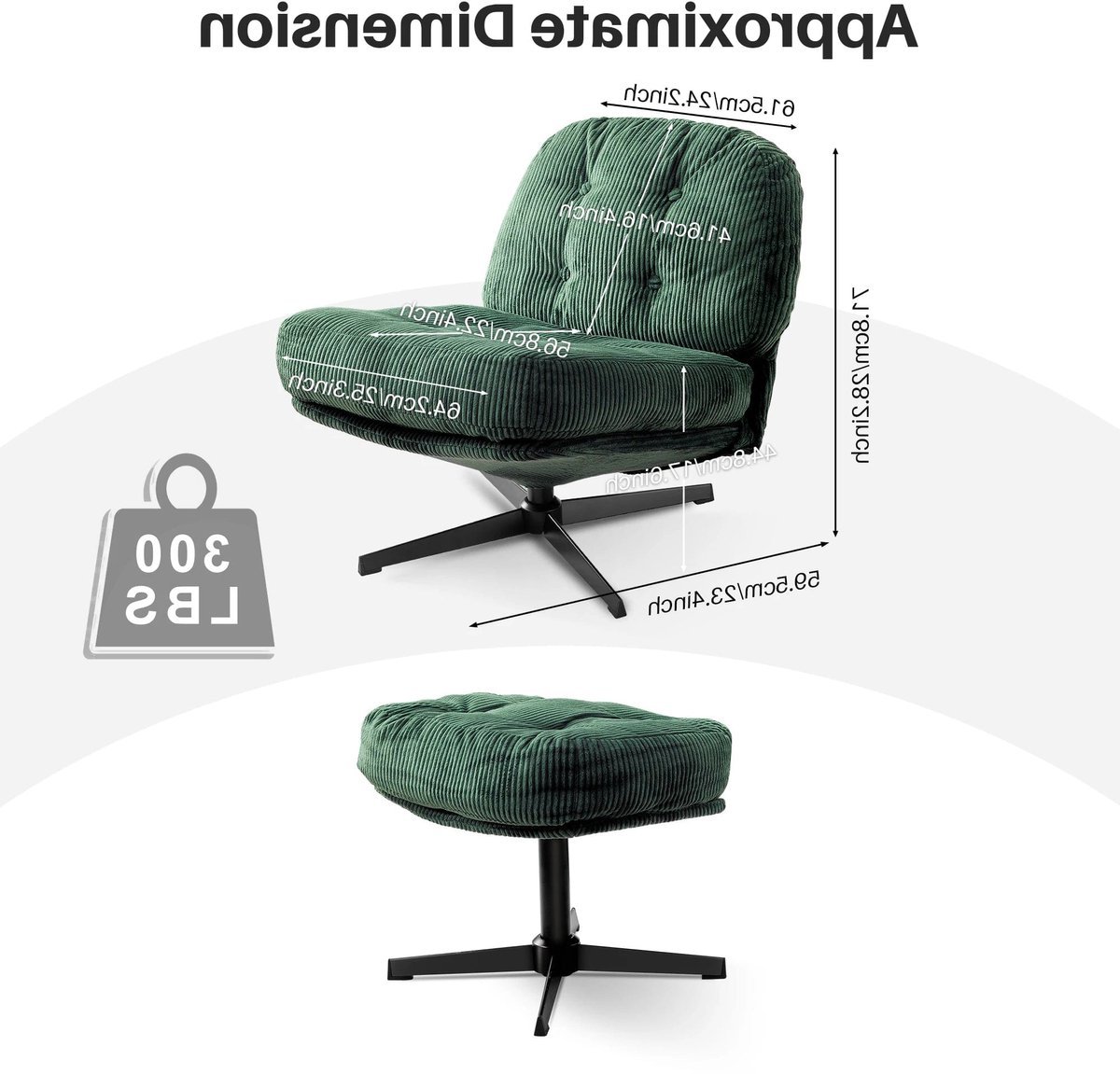 Relaxstoel - Schommelstoel - Fauteuil - Loungestoel - Moderne Vouwbare Accent Stoel - 360° Draaibaar Tufted Luil stoel - met Dikke Kussen en Ottoman voor Woonkamer - Groen