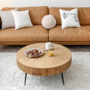 Ronde Salontafel van Grenen met Zwarte Metalen Poten - Vintage Stijl
