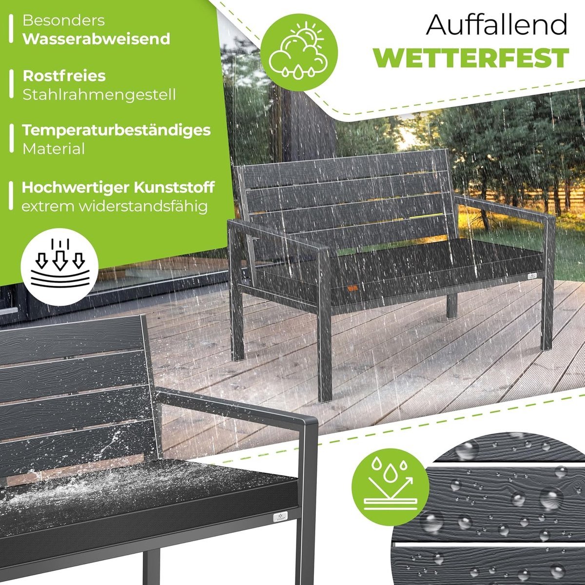 Rustica Houtlook Tuinbank met Kussen 120 x 64 x 78 cm Weerbestendige 2-Zits Tuinbank Balkonbank UV-Bestendig Kunststof met RVS Frame Max 300 kg