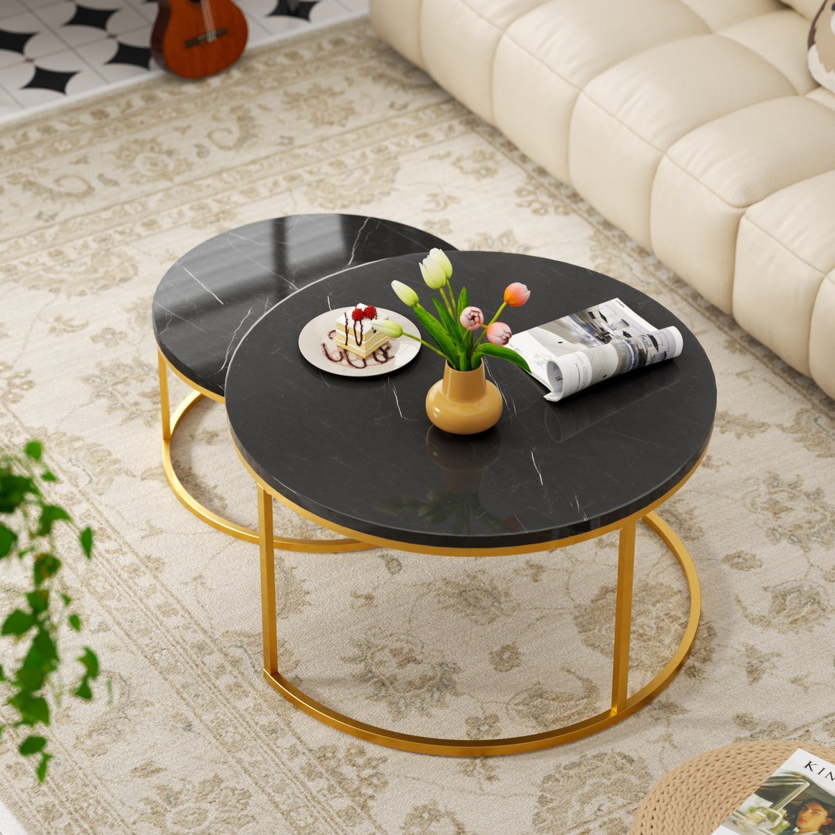STILVORA Rond Salontafel Set Van 2 - Nest-Design Met Metaal Frame - MDF Bovenblad - 70×70×45 & 45×45×37 Cm - Zwart