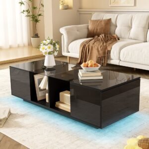 STILVORA Salontafel - Modern Hoogglans Met Bluetooth LED 16 Kleuren En Glasplaat - 2 Deuren Opbergruimte Voor Woonkamer - MDF - 120x50x38,5 cm - Zwart