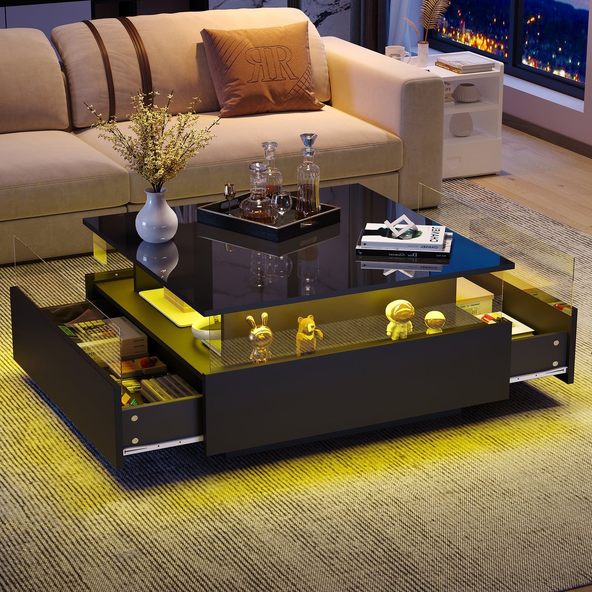 STILVORA Salontafels - Bijzettafel Vierkant Met 2 Lades En Acryldeur - 70x70x41 cm - Spaanplaat - Zwart