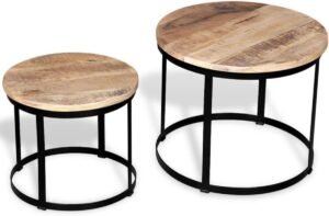 Salontafel Set - Bijzettafels Rond - Woonkamer Inrichten - Massief Ruw Mangohout - 40 cm en 50 cm