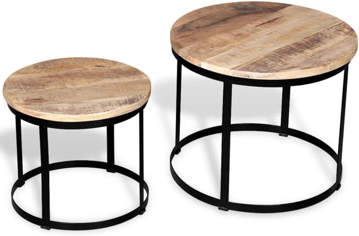 Salontafel Set - Bijzettafels Rond - Woonkamer Inrichten - Massief Ruw Mangohout - 40 cm en 50 cm