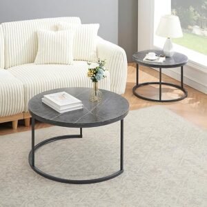 Salontafel Set Ø 80 + 60 cm - Grijs Marmerlook MDF Tafel met Stalen Frame, Donkergrijs, Voor Woonkamer