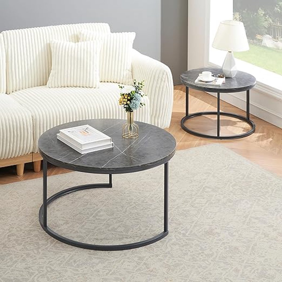Salontafel Set Ø 80 + 60 cm - Grijs Marmerlook MDF Tafel met Stalen Frame, Donkergrijs, Voor Woonkamer