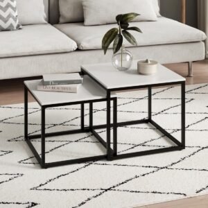 Salontafel Set van 2 Vierkant Houten Tafels met Metaal Frame - Modern Loft Design - Nestbare Bijzettafels voor Woonkamer en Kantoor - Wit
