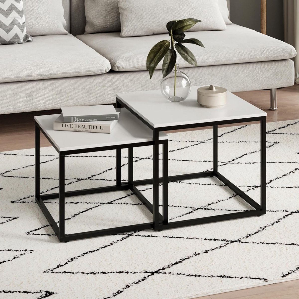 Salontafel Set van 2 Vierkant Houten Tafels met Metaal Frame - Modern Loft Design - Nestbare Bijzettafels voor Woonkamer en Kantoor - Wit