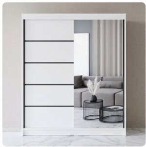 Scandinavische Kledingkast met Spiegel en Schuifdeuren 180 cm Wit - Ruime Garderobekast met 5 Planken en Kledingstang | Furnitureland