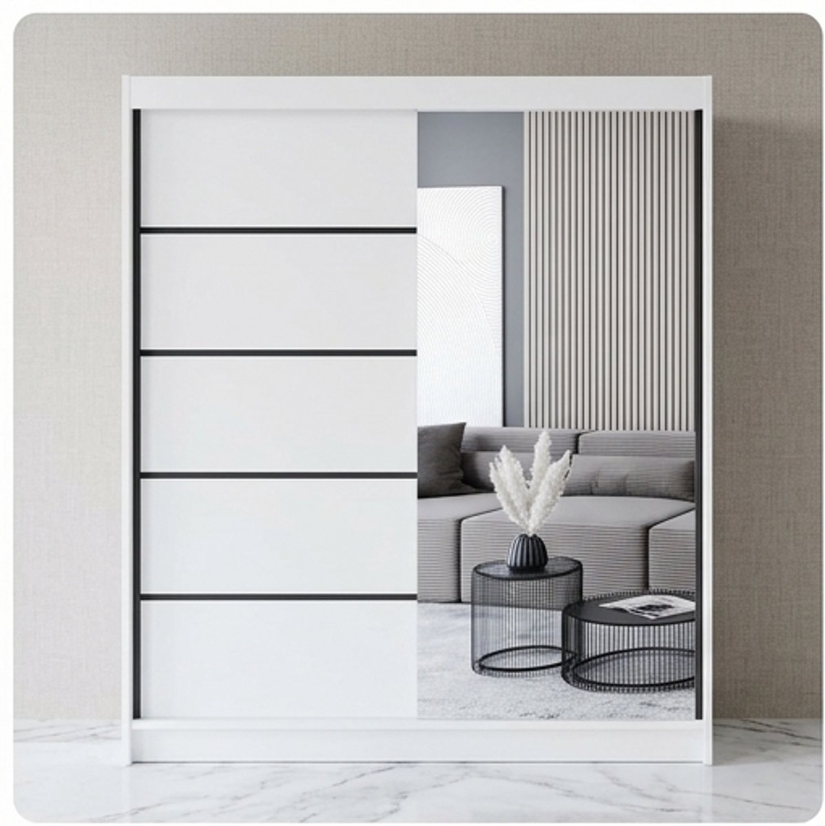 Scandinavische Kledingkast met Spiegel en Schuifdeuren 180 cm Wit - Ruime Garderobekast met 5 Planken en Kledingstang | Furnitureland