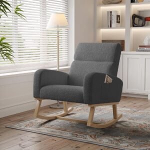 Scandinavische schommelstoel voor borstvoeding en vrije tijd - Beige stoffen fauteuil met houten metalen poten voor woonkamer en slaapkamer
